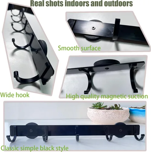 Vista 4 de Ganchos magnéticos para utensilios, almacenamiento para colgar utensilios de pared, estante magnético para refrigerador, metal negro sin gancho