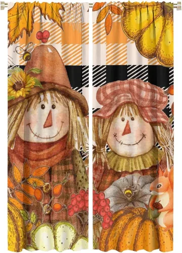 Vista 13 de Divertidas cortinas opacas de calabaza y espantapájaros para sala de estar, rústicas de otoño, hojas de arce, girasol, cosecha de otoño, puesta