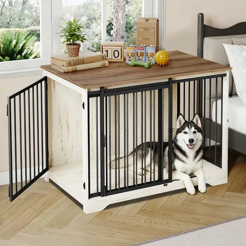 Vista 14 de Hzuaneri Mueble de jaula para perros de 27.2 pulgadas con puerta de granero, perrera resistente para interiores con 2 puertas, mesa auxiliar jaula
