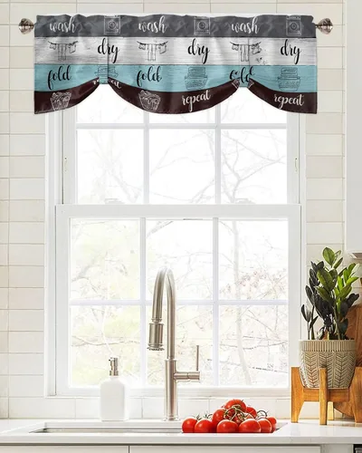 Vista 10 de Cenefa de amarre de corona verde de verano para ventanas, cenefas de cortina con bolsillo para barra, cenefa ajustable de madera retro para cocina