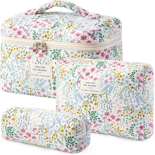 Vista 39 de HBselect Bolsa de Maquillaje Acolchada, 3 Piezas de Gran Bolsa de Maquillaje de Viaje de Algodón, Linda Bolsa de Maquillaje Floral Coquette, Bolsa