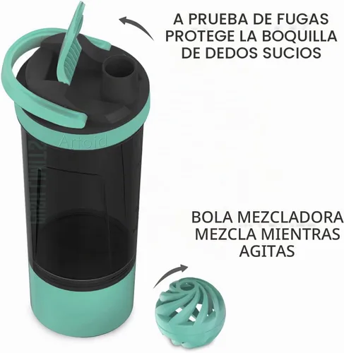 Vista 5 de Artoid Mode Botella Batidora de Proteínas de 24 Onzas, Tecnología de Mezcla Dual, Sin BPA, Verde Aqua/Negro Verde aguamarina/negro