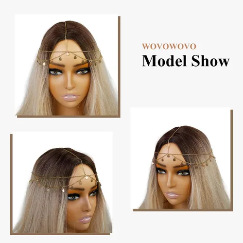 Vista 6 de WOVOWOVO Diadema dorada para la cabeza para mujeres y niñas, disfraz de diosa, lentejuelas, accesorios para el cabello, festival de Halloween indio