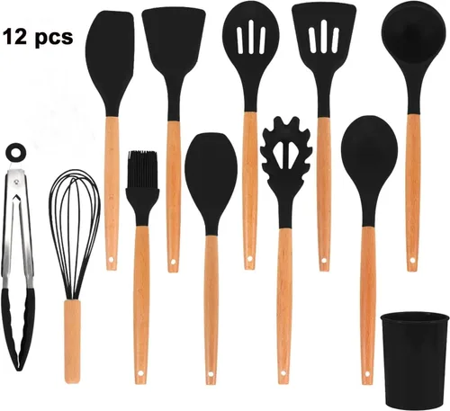 Vista 2 de Juego de herramientas de cocina de silicona, 12 piezas, cucharas, espátulas, pinzas (negro)