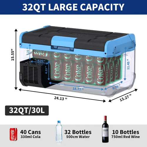 Vista 9 de Refrigerador portátil para auto de 30L, congelador de 32 cuartos de galón, refrigerador de una zona con evaporador de expansión por soplado, puerta