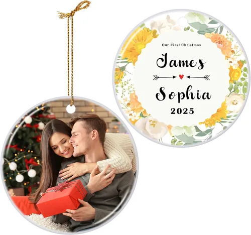 Vista 7 de Adornos de Navidad Personalizados 2025 de Cerámica con Imagen y Texto Personalizados, Ornamento Colgante, Decoraciones Personalizadas para Árbol