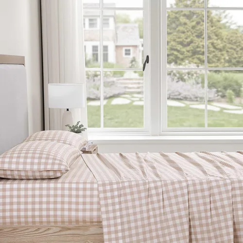 Vista 2 de Stone Cottage - Juego de sábanas, ropa de cama de percal de algodón crujiente y transpirable con funda de almohada a juego, 200 hilos, bolsillo