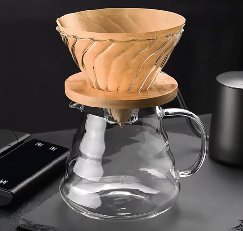 Vista 6 de Gotero de café de vidrio/filtro, cono de café de vidrio con soporte de bambú, accesorios de embudo para cafetera de goteo para el hogar u oficina