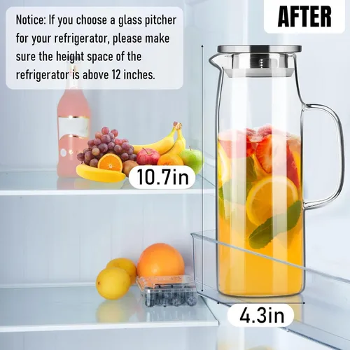 Vista 3 de PARACITY Jarra de vidrio con tapa y boquilla de 50 onzas/1.5 L, jarra de agua caliente/fría, jarra de té helado para el estante del refrigerador