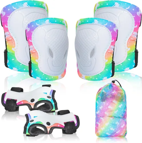 Vista 9 de Rodilleras para niños, juego de equipo de protección ajustable con bolsa de malla, rodilleras y coderas, protector de muñeca para niñas, patines
