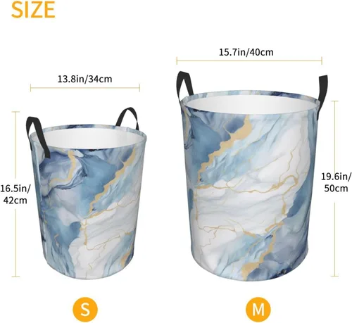 Vista 5 de Cesta circular con estampado de mármol blanco y azul, impermeable, cesta organizadora de lavandería, con asas, para ropa, juguetes, pequeña