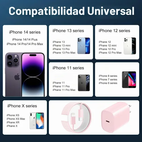 Vista 6 de DiHines Cargador rápido para iPhone 14, 13, 12, 11, cable Lightning de carga rápida de 10 pies de largo con bloque de cargador USB C de 20 W