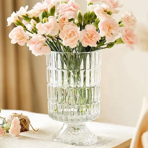 Vista 10 de BLOFLO - Jarrón de vidrio en relieve, jarrones de cristal de 7 pulgadas para flores, jarrón de ramo de cristal con base grande de pedestal, jarrón