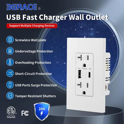 Vista 4 de 3GRACE Toma de corriente USB de pared, receptáculos de tomas de cargador con puertos USB C de 4.2 A, enchufe dúplex de 20 amperios resistente a