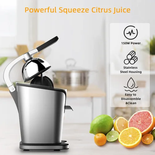 Vista 6 de Healnitor Exprimidor eléctrico de cítricos de 150 W con 2 conos, máquinas extractoras de jugo de naranja silenciosas de acero inoxidable para lima