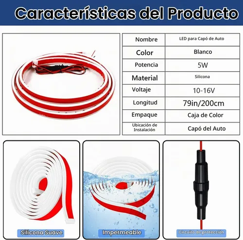 Vista 2 de Tira de luz flexible para capó de automóvil, 59 pulgadas, luz LED dinámica de circulación diurna para automóvil, camión, SUV, luz blanca, fácil