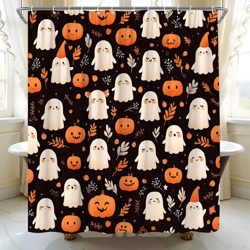 Vista 4 de Cortina de ducha de fantasma de Halloween, diseño de calabaza espeluznante, hojas retro, divertida tela de dibujos animados para decoración de baño