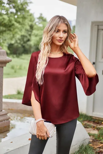 Vista 5 de Women Casual Scoop Neck Loose Top 34 Sleeve Satin Chiffon Blouse Tops