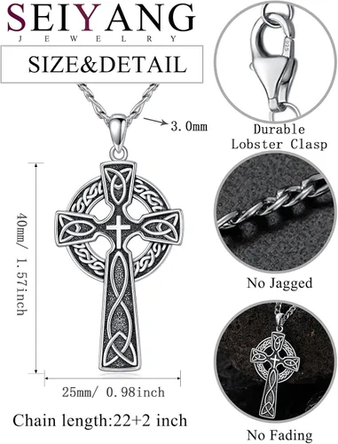 Vista 2 de Seiyang Collar de cruz de plata de ley 925 con colgante de crucifijo Ankh para hombres y mujeres, con cadena Rolo de 0.079 in, 22 pulgadas + 2