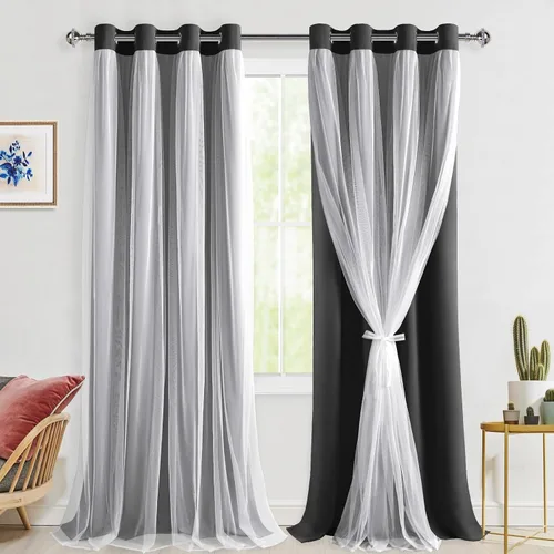 Vista 48 de Hiasan Cortinas opacas con superposición transparente, aislamiento térmico para mezclar y combinar de doble capa, cortinas de oscurecimiento de Beige
