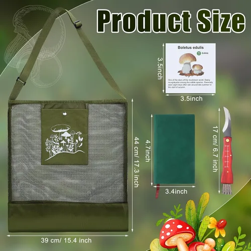Vista 2 de Seajan Kit de Forraje de Setas de 18 Piezas con Bolsa de Caza, Cuchillo, Cepillo, Tarjetas Guía y Cuaderno para Amantes de las Setas (Verde Ejército)