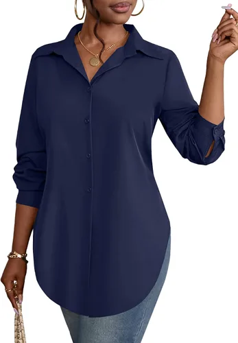 Vista 23 de Rooscier Blusa larga con cuello en V para mujer, manga larga, abertura lateral, con botones