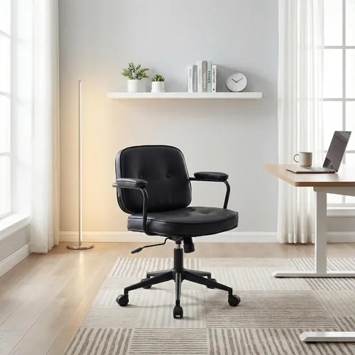 Vista 5 de LukeAlon Silla de escritorio ajustable de piel sintética, silla giratoria de 360° negra con reposabrazos, asiento grueso, botones y ruedas