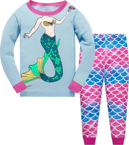 Vista 14 de Popshion Pijamas de sirena para niñas pequeñas, juego de 2 piezas, ropa de dormir 100% algodón, ropa para niños, pijamas estilo mariquita
