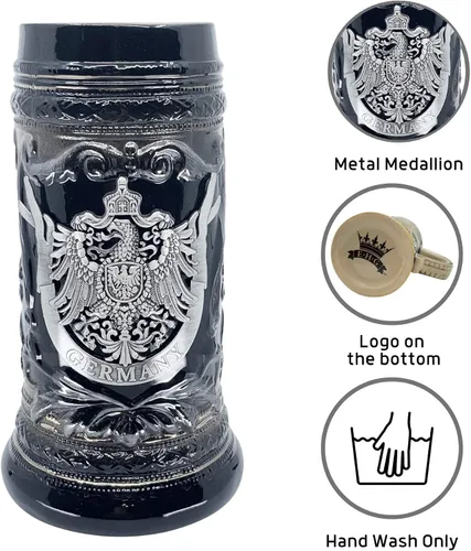 Vista 2 de Essence of Europe Gifts OktoberfestHaus - Vaso de cerveza de cerámica con emblema de metal Bier Krug de 0,6 litros (águila) alemán (águila)