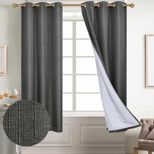 Vista 118 de Diraysid Cortinas 100% opacas de lino beige para dormitorio, con ojales, aislamiento térmico, cortinas de oscurecimiento de habitación