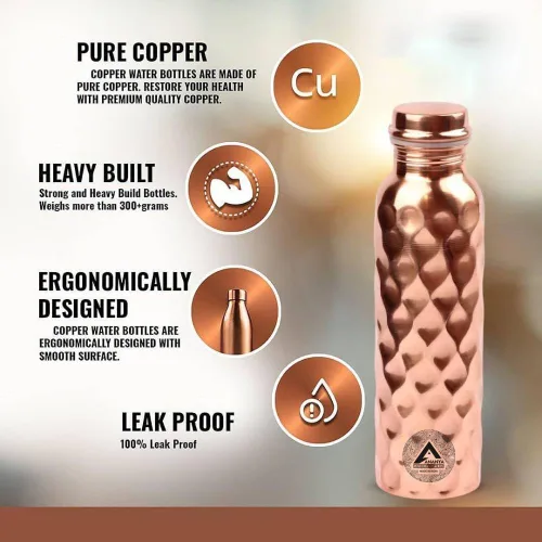 Vista 3 de ANANYA FASHION & CRAFTS HUB 34 Oz Copper Water Bottle with Diamond Texture – Elegant Leak-Proof Design – Ayurvedic Wellness for Hydration & Immunity