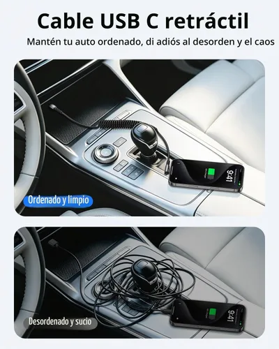 Vista 2 de Cable USB C en espiral, cable de coche USB C a USB C en ángulo recto corto Negro
