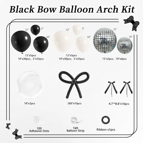 Vista 2 de JOGAMS Kit de arco de globos de lazo negro de 175 piezas con 260 globos de discoteca transparentes, lazo de cinta negra para arco coquette