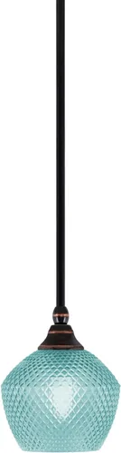 Vista 234 de Toltec Lighting Tallo Colgado Mini colgante, acabado de cobre negro, 3.5" cuadrado humo burbuja vidrio