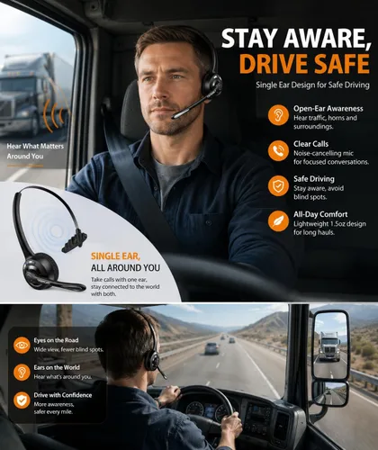 Vista 2 de TECKNET - Auriculares Bluetooth, auriculares inalámbricos con micrófono de cancelación de ruido para camionero, auriculares Bluetooth sobre la oreja