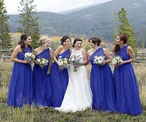 Vista 6 de Vestido de dama de honor de un hombro para mujer, plisado, de gasa, formal, vestido de noche