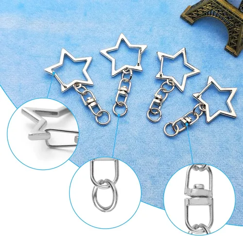 Vista 5 de 60 piezas de clip de llavero con resorte en forma de estrella, cierre giratorio de metal con hebilla colgante de cadena con conector de anillo