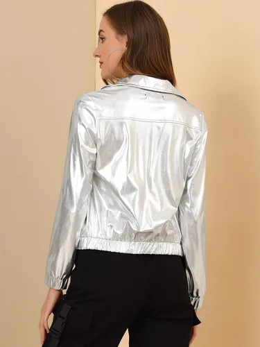Vista 5 de Allegra K Chaqueta metálica holográfica brillante para mujer, manga larga, ligera, con cremallera