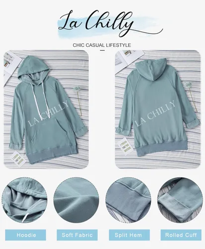 Vista 6 de La Chilly Sudadera con capucha de gran tamaño para mujer, casual, larga, dobladillo con abertura alta, con bolsillo tipo canguro