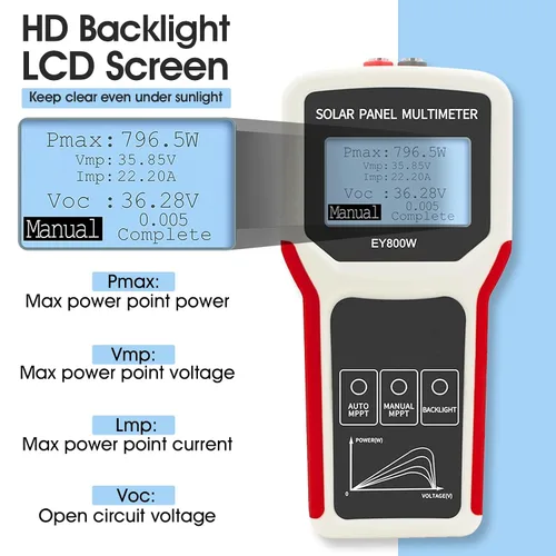 Vista 3 de Medidor de potencia de panel solar de 800 W, monitor multímetro de panel fotovoltaico de mano, amplificador de voltaje MPPT con pantalla LCD