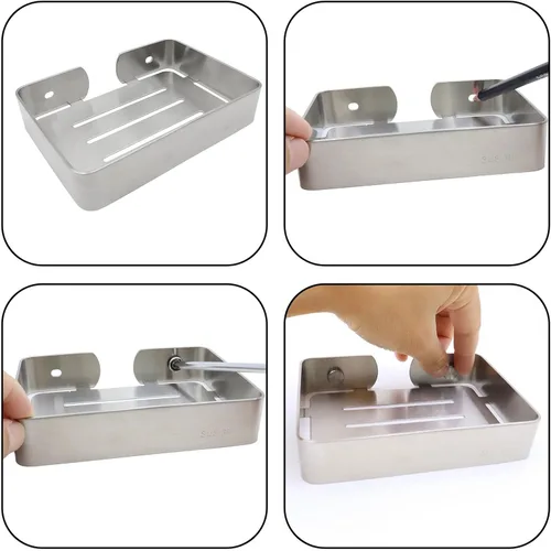 Vista 4 de Jabonera de acero inoxidable plateado para jabón montado en la pared con tornillos, jabonera resistente para barra de jabón elegante soporte