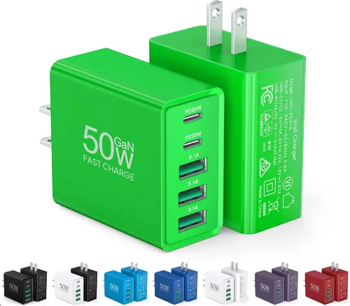 Vista 14 de [Paquete de 2] Cargador de pared USB C, bloque de cargador USB C de 50 W, bloques de carga rápida PD de 5 puertos, 2USB C + 3USB A enchufe