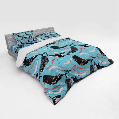Vista 2 de Ambesonne Narwhal Bedding Set, Arctic Giant Sea Mammals Orca White Whale Narwhal Sketch Ocean Fauna, 4 Piece Duvet Cover Set with Shams and Fitted