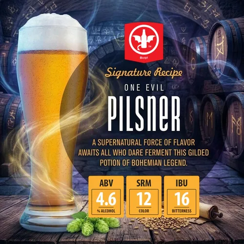Vista 2 de BrewDemon Kit de recetas de cerveza One Evil Pilsner de 2 galones. Hace un lote de cerveza artesanal elaborada con 4.6% ABV