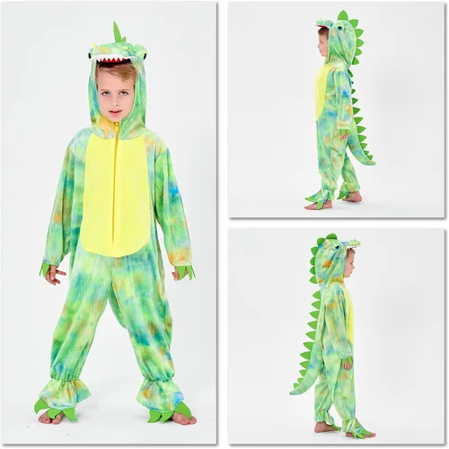 Vista 2 de DearSun Disfraz de dinosaurio T-Rex para niños, disfraz de dinosaurio con capucha (XL130, verde)