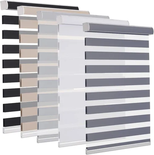 Vista 30 de MYshade Persianas enrollables de cebra opacas (85 %) con cordón para ventanas interiores, persianas de doble capa beige para dormitorio, baño, sala