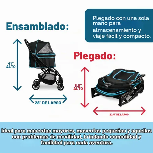 Vista 2 de Cochecito para mascotas Carlson, incluye giro de rueda delantera de 360 grados, frenos de rueda trasera, ribete reflectante, paneles de malla Negro