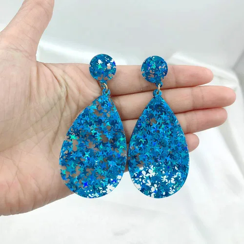 Vista 6 de Aretes de acrílico con purpurina, forma de lágrima redonda con lentejuelas, aretes de estrella brillante, aretes de lágrima geométrica bohemia