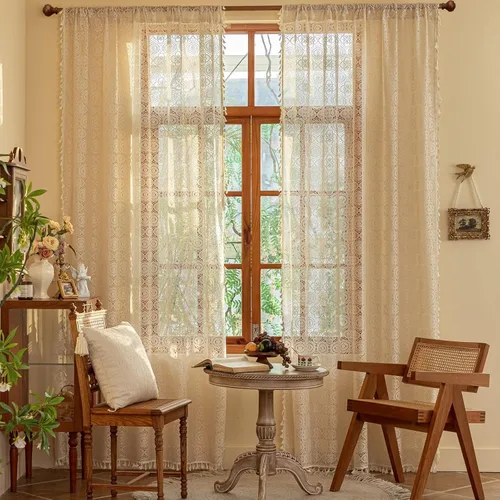 Vista 10 de YJ YANJUN - Cortinas de café boho, 24 pulgadas de largo, 2 paneles, cada una de 59" de ancho x 24" de largo, beige, con crochet, cortinas de cocina