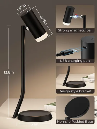 Vista 7 de PESUTEN Lámparas de mesa inalámbricas, luz de mesa portátil a pilas con cabezal de ángulo ajustable magnético, lámpara recargable de 5000 mAh